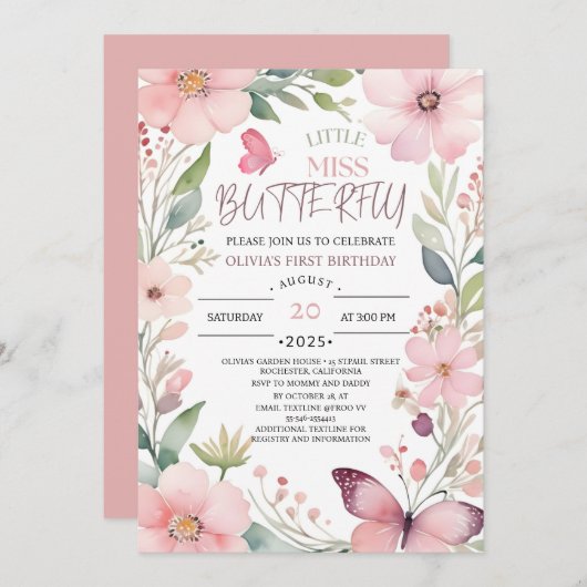 Little Miss Butterfly Roze Bloemen 1e Verjaardag Kaart (Voorkant / Achterkant)