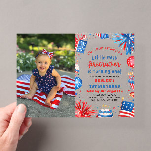Little Miss Firecracker 4 juli 1e verjaardag Acryl Uitnodigingen