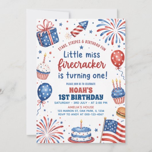Little Miss Firecracker 4 juli 1e verjaardag Kaart (Voorkant)