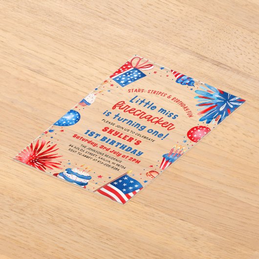 Little Miss Firecracker 4th van 1 juli Verjaardag Acryl Uitnodigingen (Laagn)