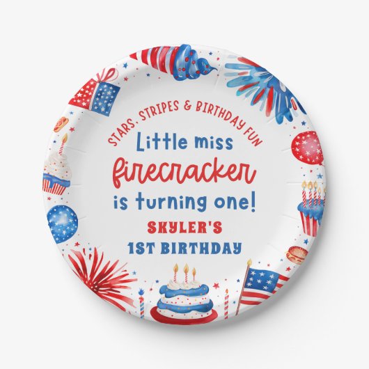 Little Miss Firecracker 4th van 1 juli Verjaardag Papieren Bordje (Voorkant)