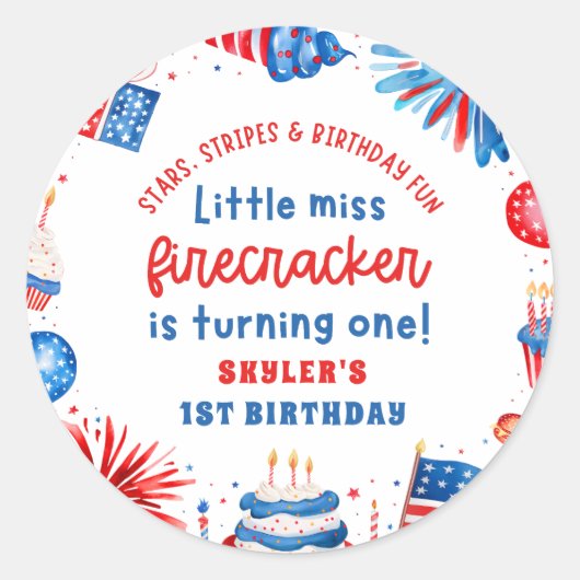 Little Miss Firecracker 4th van 1 juli Verjaardag Ronde Sticker (Voorkant)