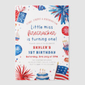 Little Miss Firecracker 4th van 1 juli Verjaardag Vellum Uitnodigingen (Voorkant)