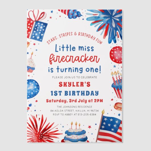 Little Miss Firecracker 4th van 1 juli Verjaardag Vellum Uitnodigingen (Voorkant)