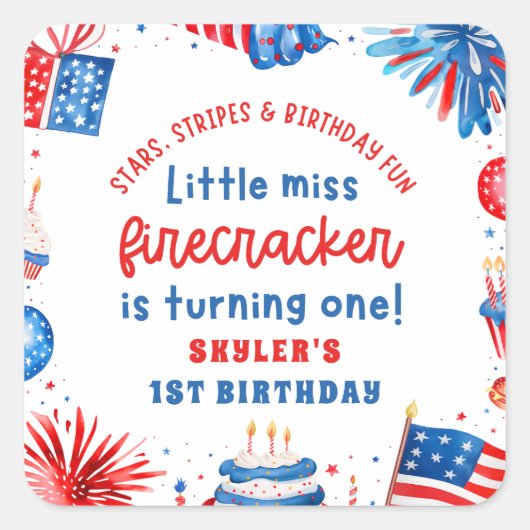 Little Miss Firecracker 4th van 1 juli Verjaardag Vierkante Sticker (Voorkant)