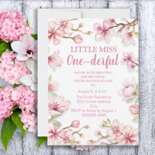 Little Miss One-derful 1e verjaardag roze bloemen Kaart