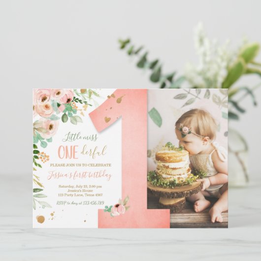 Little Miss Onederful 1e Verjaardag Nodig Floral u Kaart (Staand voorkant)