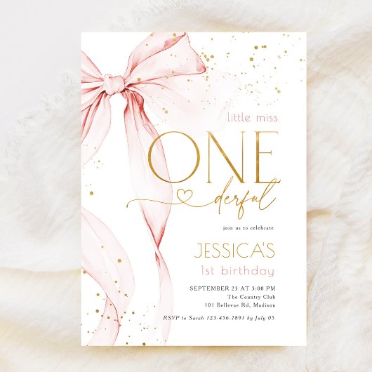 Little Miss ONEderful 1st Birthday Pink Bow Kaart