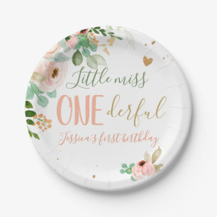 Little Miss Onederful Birthday Pink Girl Flowers Papieren Bordje