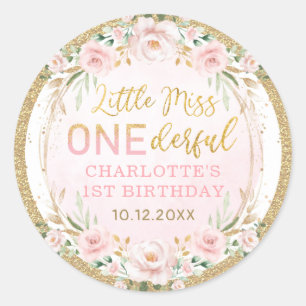 Little Miss ONEderful Blush Pink Floral Verjaardag Ronde Sticker