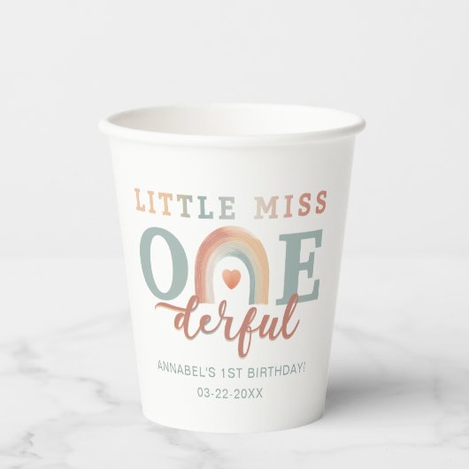 Little Miss Onederful Boho Rainbow Paper Cups – 1s Papieren Bekers (Voorkant)