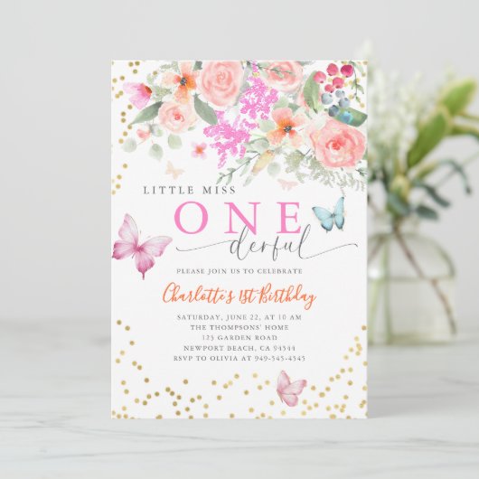 Little Miss Onederful Butterfly Girl 1e verjaardag Kaart (Staand voorkant)