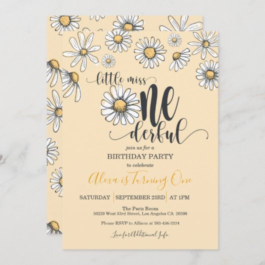 Little Miss ONEderful Daisy Birthday Invitation -  Kaart (Voorkant / Achterkant)