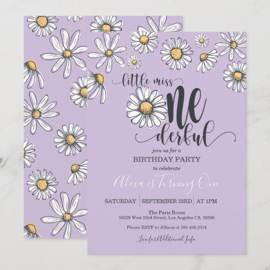 Little Miss ONEderful Daisy Birthday Invitation Pu Kaart (Voorkant / Achterkant)