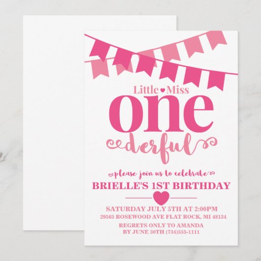 Little Miss Onederful First Birthday Uitnodiging (Voorkant / Achterkant)