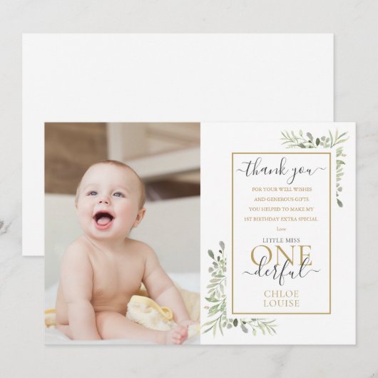 Little Miss ONEderful Girl 1st Birthday Cute Photo Bedankkaart (Voorkant / Achterkant)