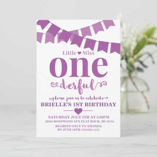 Little Miss Onederful Paars Birthday Uitnodiging (Staand voorkant)