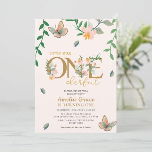 Little Miss Onederful Perzik Bloemen 1e verjaardag Kaart (Staand voorkant)