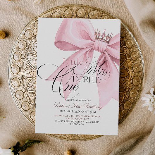 Little Miss ONEderful Pink Bow 1st Birthday Party Kaart