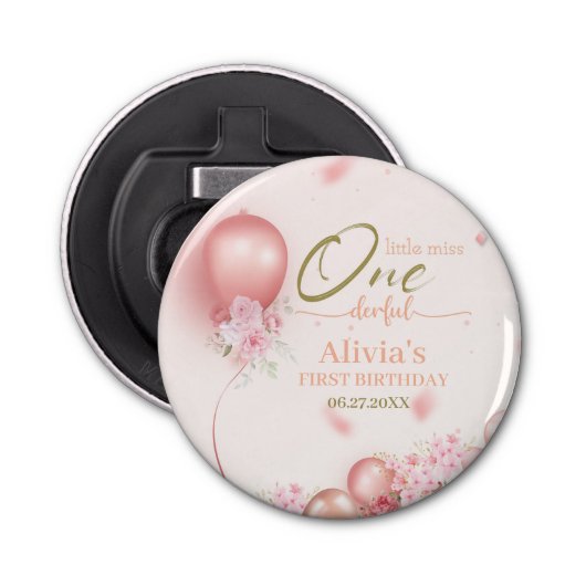 Little Miss ONEderful Pink Floral 1e verjaardag Button Flesopener (Voorkant)
