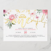Little Miss ONEderful Pink Floral 1e verjaardag Folie Uitnodiging (Voorkant)