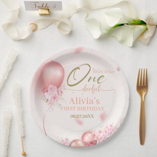 Little Miss ONEderful Pink Floral 1e verjaardag Papieren Bordje (Huwelijk)