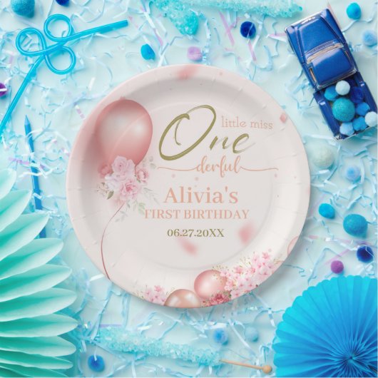 Little Miss ONEderful Pink Floral 1e verjaardag Papieren Bordje (Feest)