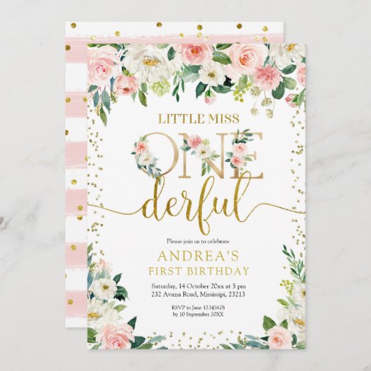 Little Miss Onederful Pink Floral Uitnodiging (Voorkant / Achterkant)