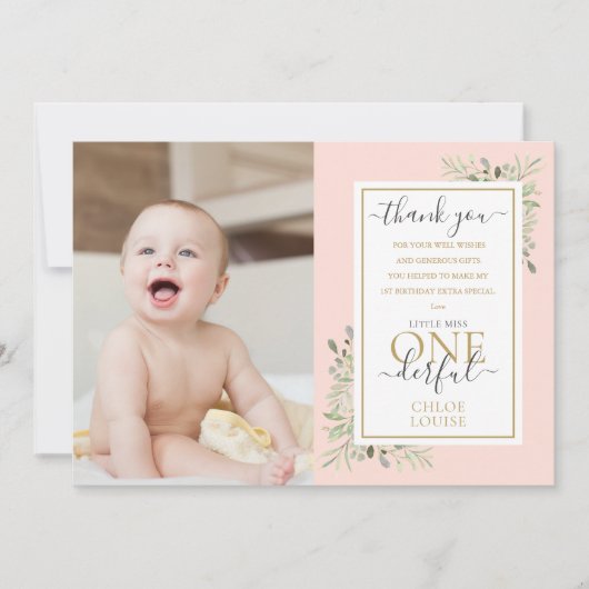 Little Miss ONEderful Pink Girl 1e verjaardag Foto Bedankkaart (Voorkant)