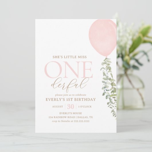 Little Miss Onederful roze ballon 1e verjaardag Kaart (Staand voorkant)