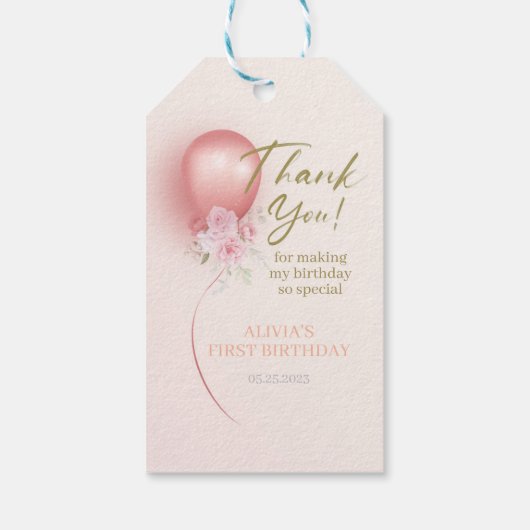Little Miss ONEderful roze ballon bloemen verjaard Cadeaulabel (Achterkant)