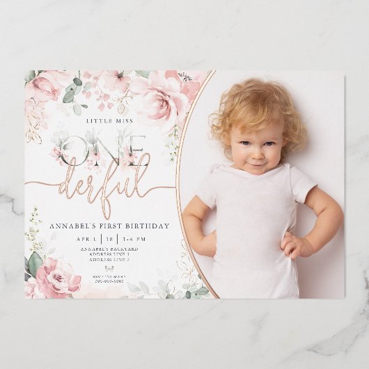 Little Miss Onederful Roze Bloemen Folie Invitatio Folie Uitnodiging (Voorkant)