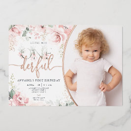 Little Miss Onederful Roze Bloemen Folie Invitatio Uitnodiging