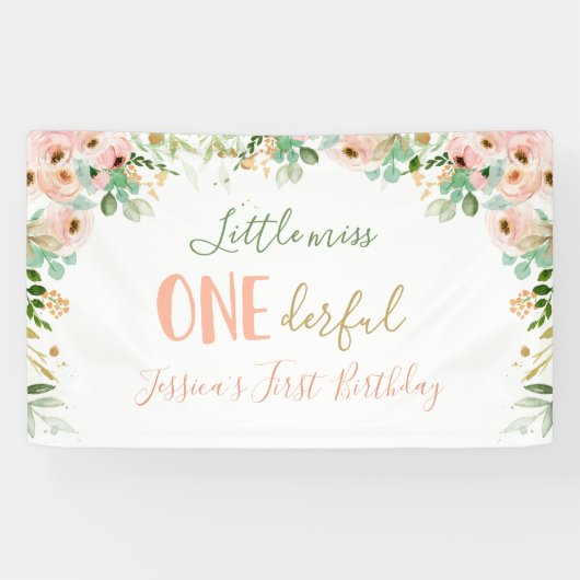 Little Miss Onederful Verjaardag Floral Pink Gold Spandoek (Horizontaal)