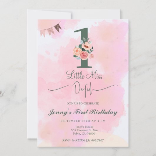 Little Miss ONEderful Waterverf Roze 1e Verjaardag Kaart (Voorkant)