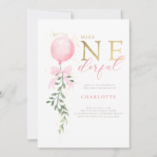 Little Miss Pink Bow Balloon 1st Verjaardagsfeest Kaart (Voorkant)