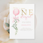 Little Miss Pink Bow Balloon 1st Verjaardagsfeest Kaart