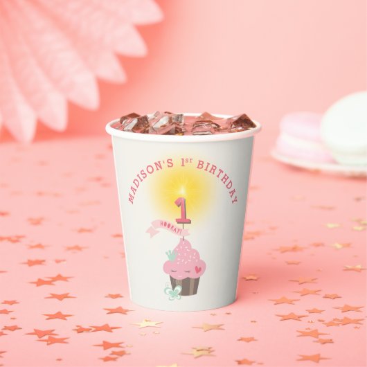 Little Miss Pink Cupcake Girl's 1e Verjaardagsfees Papieren Bekers (Insitu)