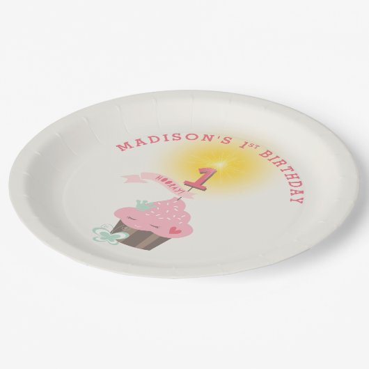 Little Miss Pink Cupcake Girl's 1e Verjaardagsfees Papieren Bordje (Gekanteld)