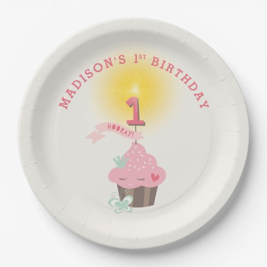 Little Miss Pink Cupcake Girl's 1e Verjaardagsfees Papieren Bordje (Voorkant)