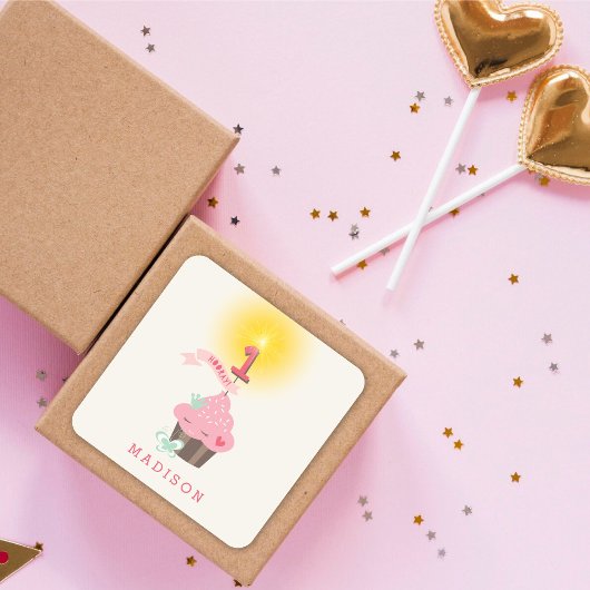 Little Miss Pink Cupcake Girl's 1e Verjaardagsfees Vierkante Sticker