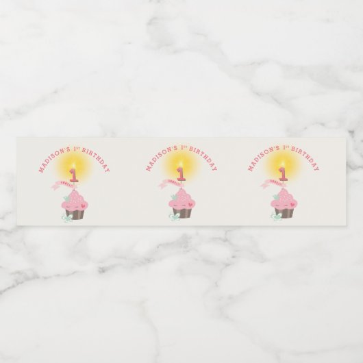 Little Miss Pink Cupcake Girl's 1e Verjaardagsfees Waterfles Etiket (Enkel label)