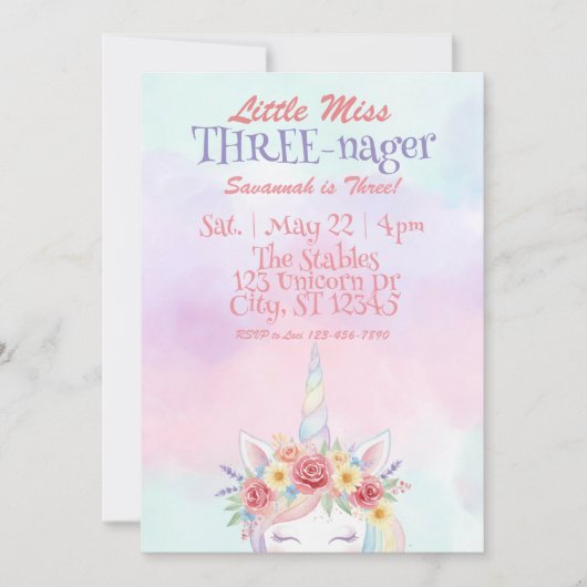 Little Miss Three-nager, Unicorn 3rd Birthday Kaart (Voorkant)