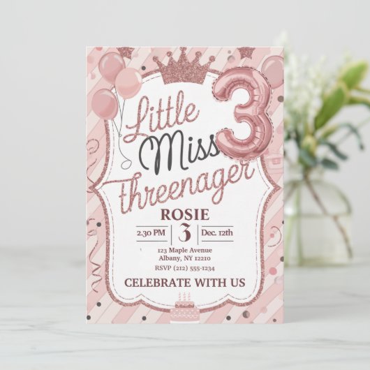 Little Miss Threenager Invitation Sjabloon Kaart (Staand voorkant)
