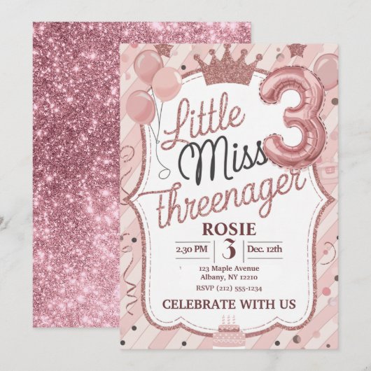 Little Miss Threenager Invitation Sjabloon Kaart (Voorkant / Achterkant)