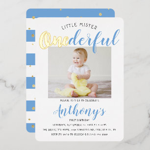 Little Mister Onederful Photo 1st Birthday Real Folie Uitnodiging