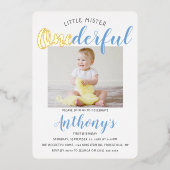 Little Mister Onederful Photo 1st Birthday Real Folie Uitnodiging (Voorkant)