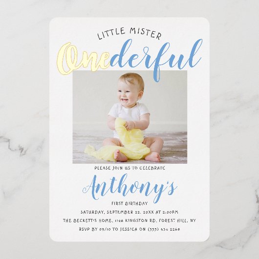 Little Mister Onederful Photo 1st Birthday Real Folie Uitnodiging (Voorkant)