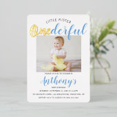 Little Mister Onederful Photo 1st Birthday Real Folie Uitnodiging (Staand Voorkant)
