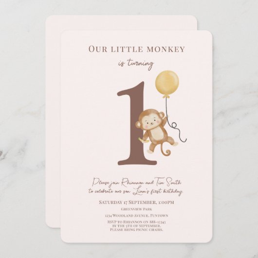 Little Monkey 1e verjaardag uitnodiging (Voorkant / Achterkant)